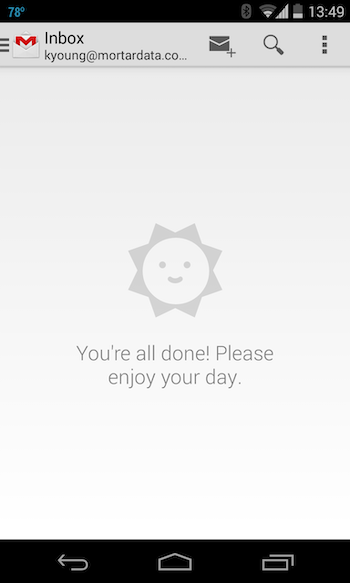 Screenshot of my email inbox, which is empty and says, &ldquo;Please enjoy your day&rdquo;.png