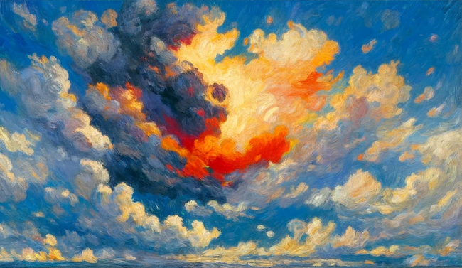 A surreal painting of a fiery sky with an inset object sucking fire-like fumes out of the air